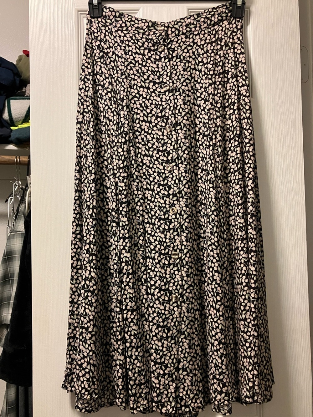 Bobbie Brooks Black Midi Skirt with Pale Pink Leaf Pattern and Front Buttons